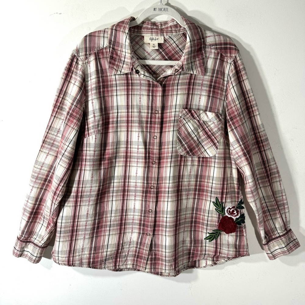 Style & Co Plaid Snap Front Western Shirt Embroidered